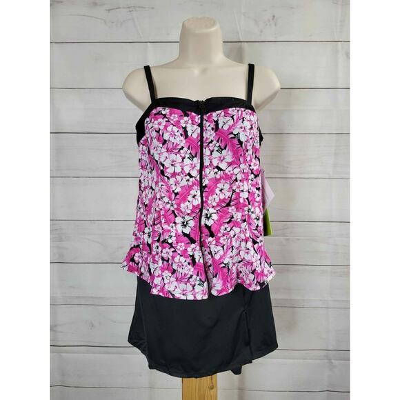 8R PINK A394010 Fit 4 U Bandeau Zip-Front Top Tankini with Slit Skirt - Picture 2 of 2